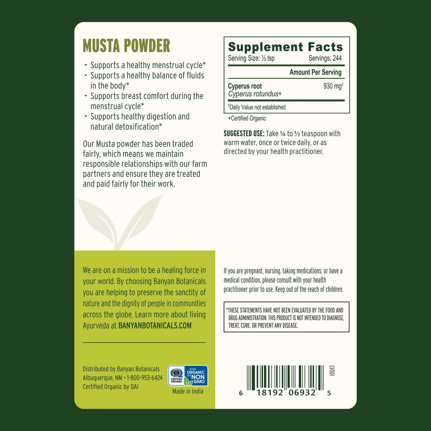 Banyan Botanicals Cyperus rotundus root powder ingredient label details