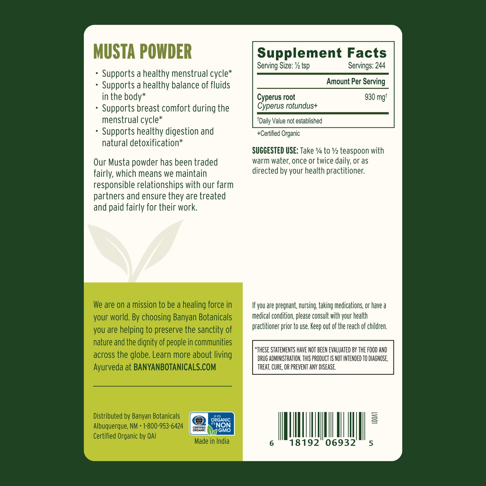 Banyan Botanicals Cyperus rotundus root powder ingredient label details