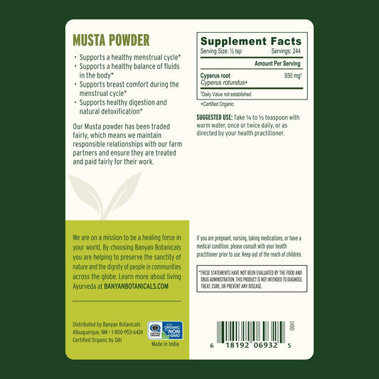 Banyan Botanicals Cyperus rotundus root powder ingredient label details