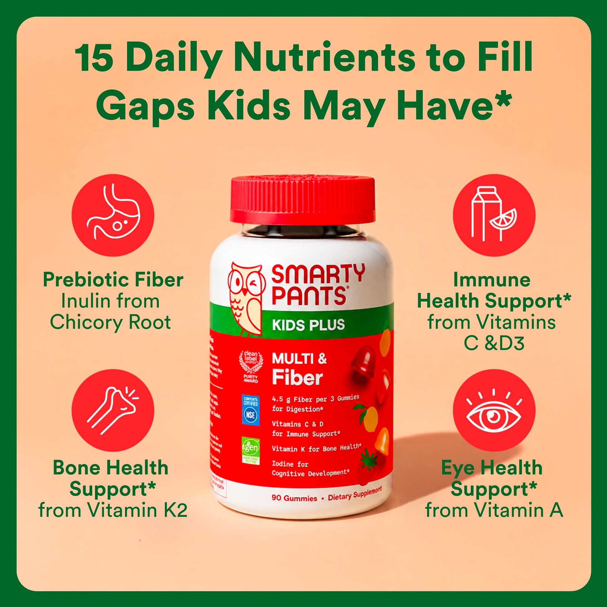 SmartyPants Kids Multi and Fiber supplement facts panel showing fifteen essential nutrients