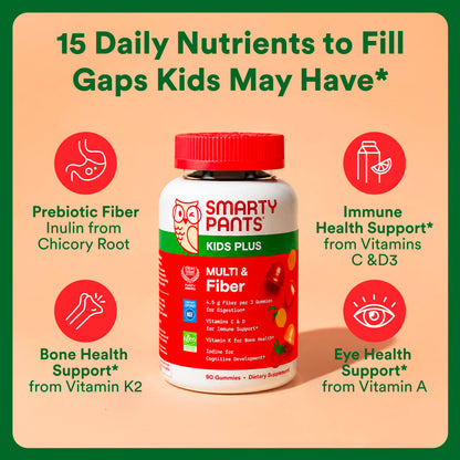 SmartyPants Kids Multi and Fiber supplement facts panel showing fifteen essential nutrients