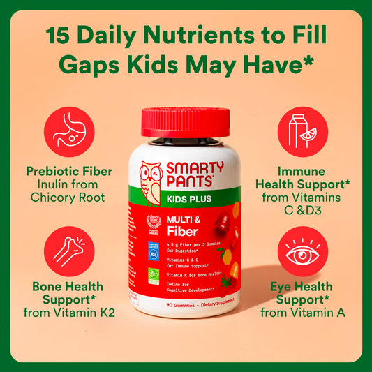 SmartyPants Kids Multi and Fiber supplement facts panel showing fifteen essential nutrients