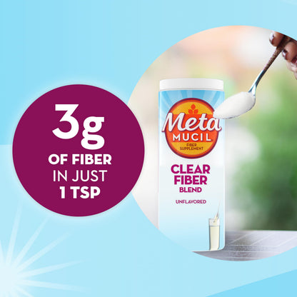 Metamucil Clear Fiber Blend 75 teaspoons container showing grit free claim