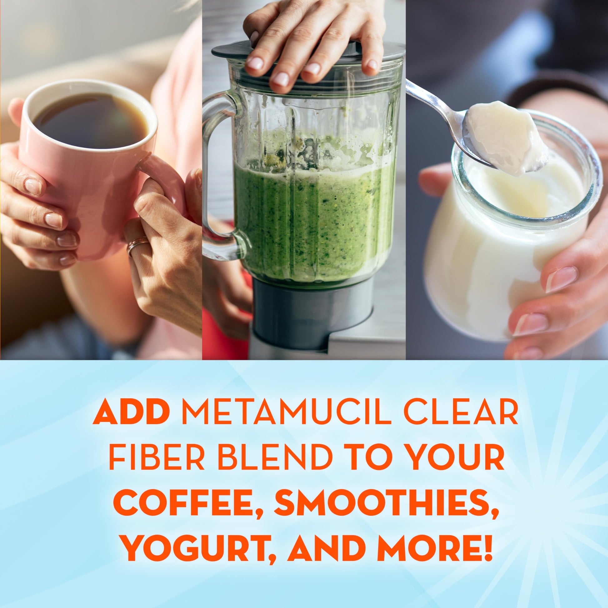 Metamucil unflavored prebiotic fiber powder being stirred into morning coffee