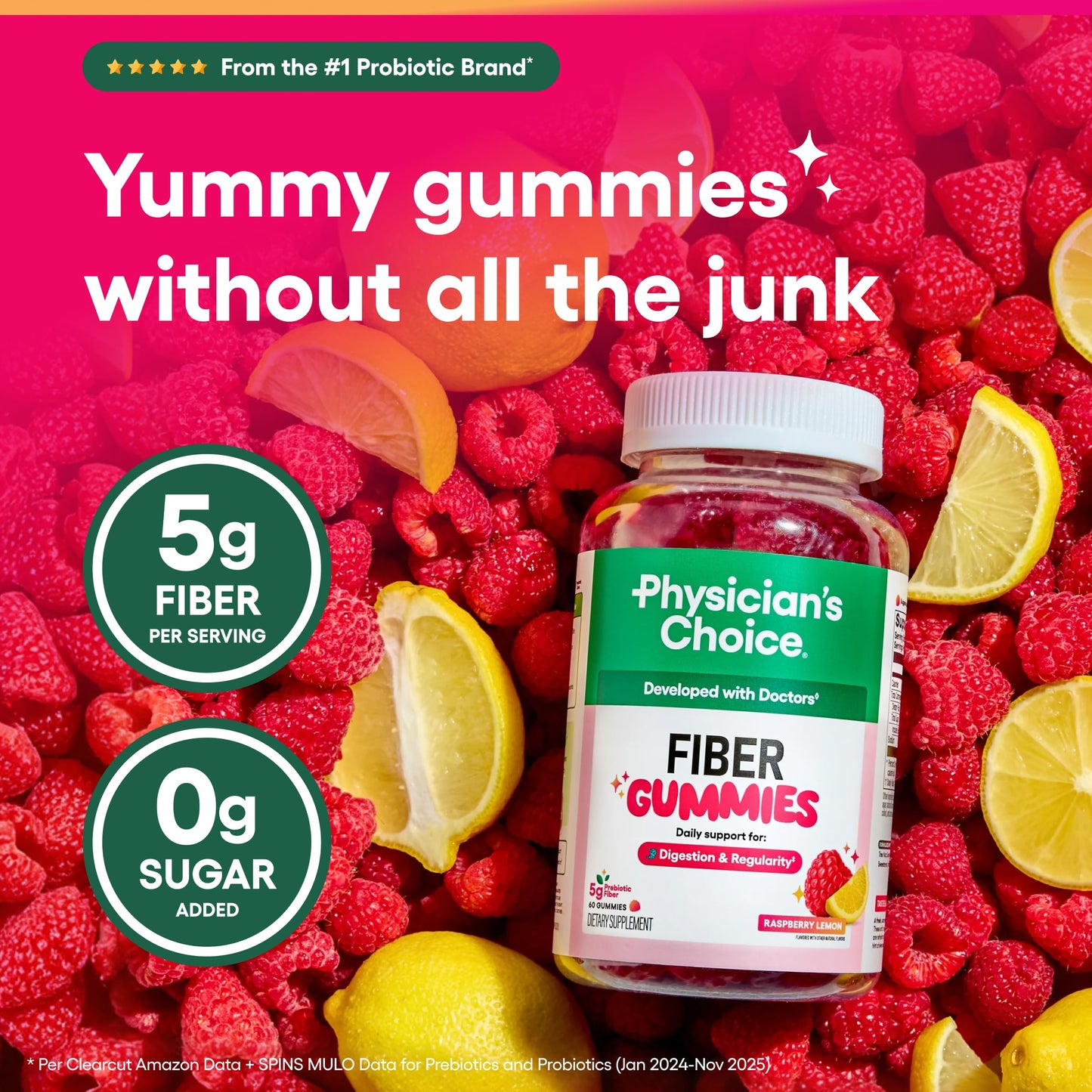Prebiotic fiber gummies by Physicians Choice for gut health support