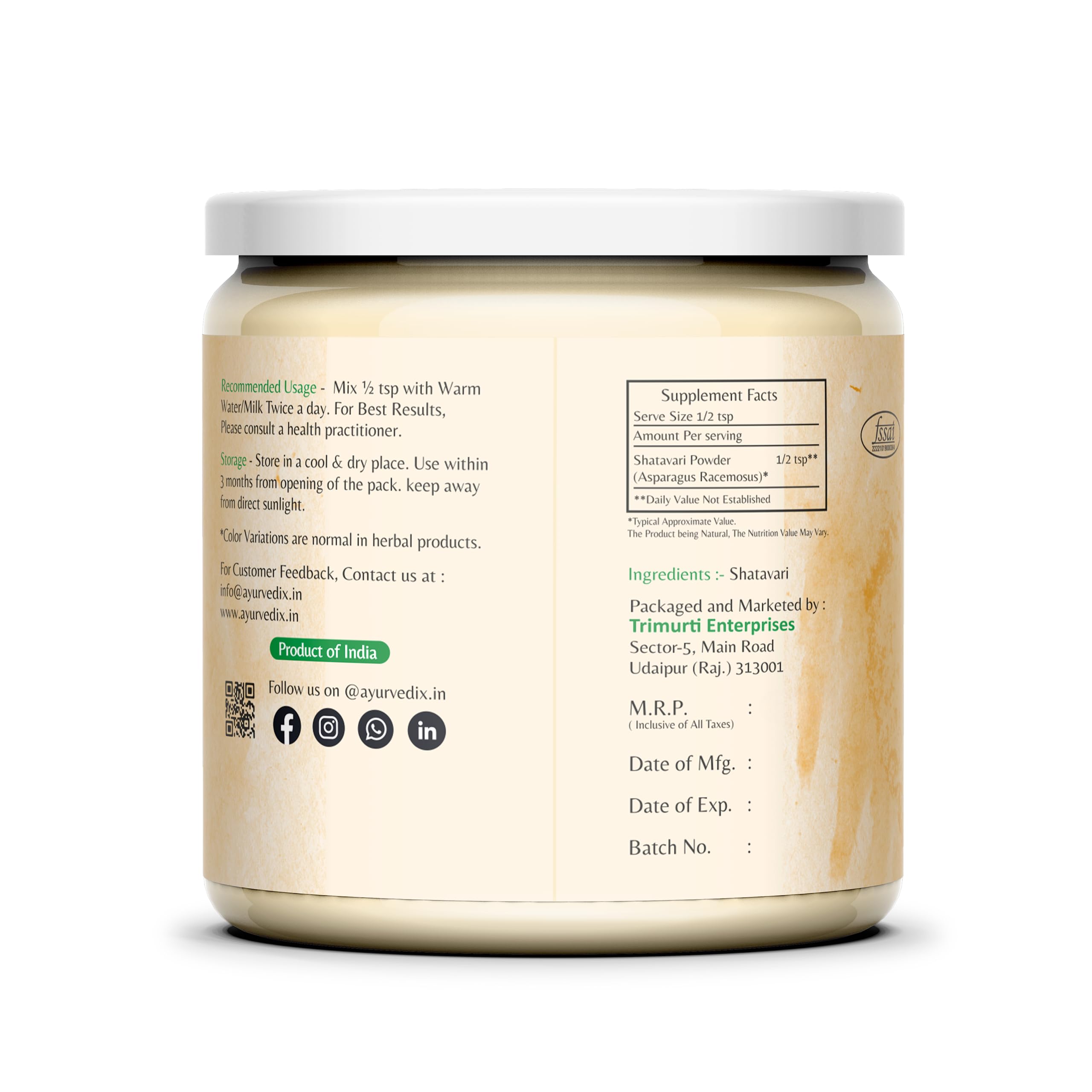 Ayurvedix Shatavari powder label highlighting organic ingredients
