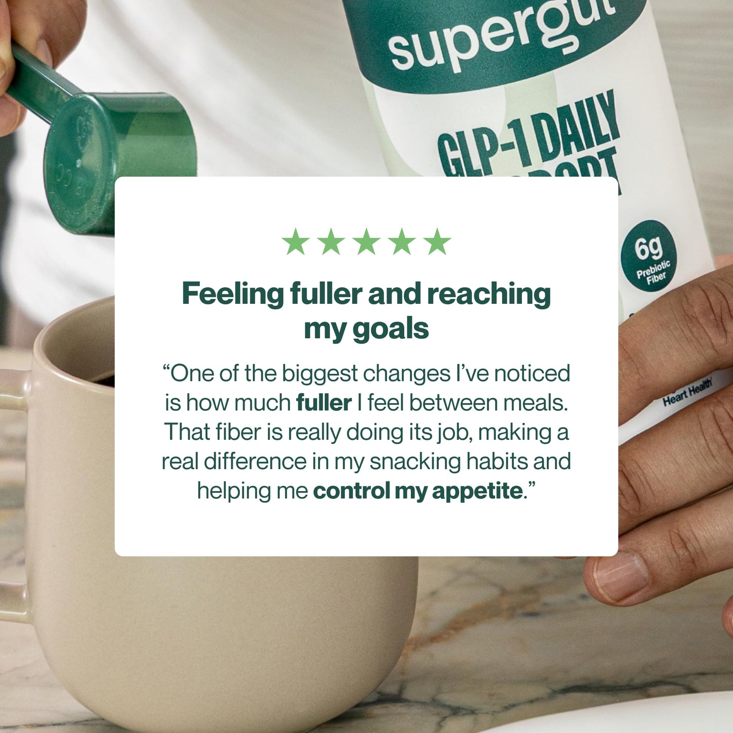 Supergut gut health prebiotic powder alongside healthy dietary ingredients.