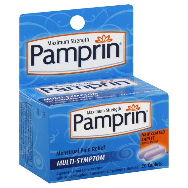 Pamprin 20 count menstrual pain relief caplets bottle and packaging