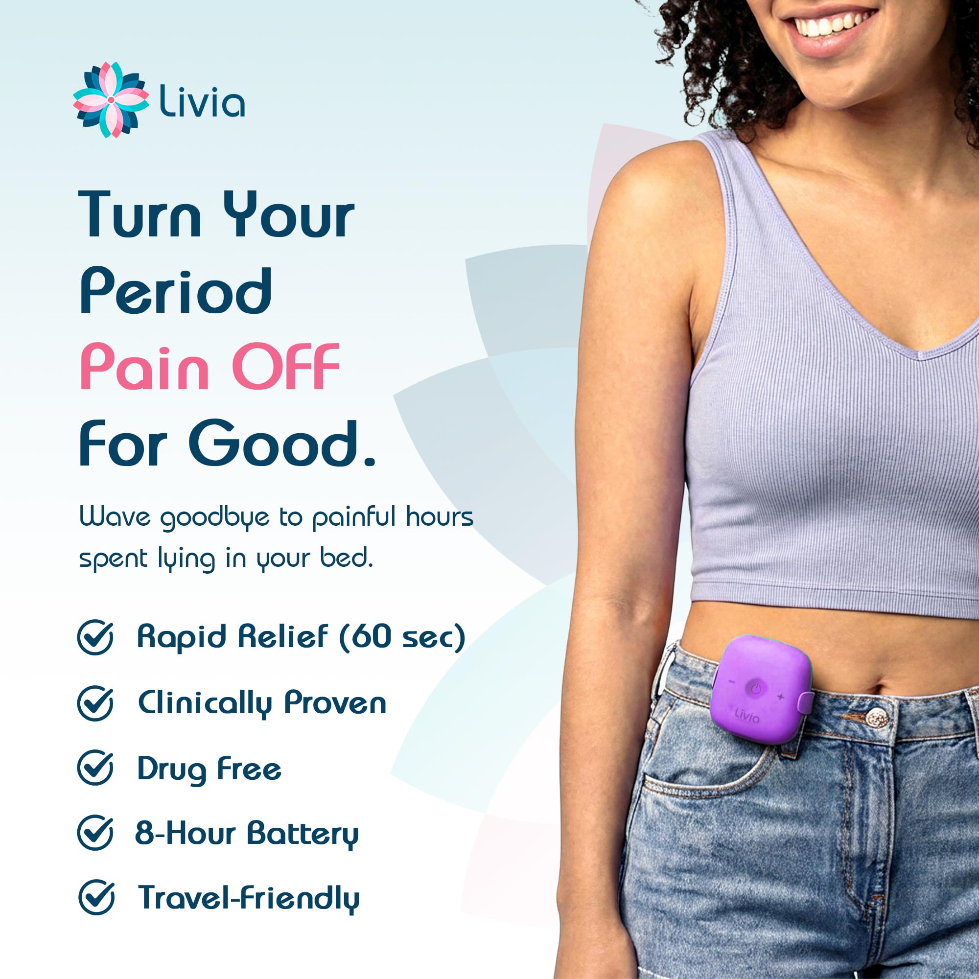 Livia period pain device with attached electrode flower pads and storage case