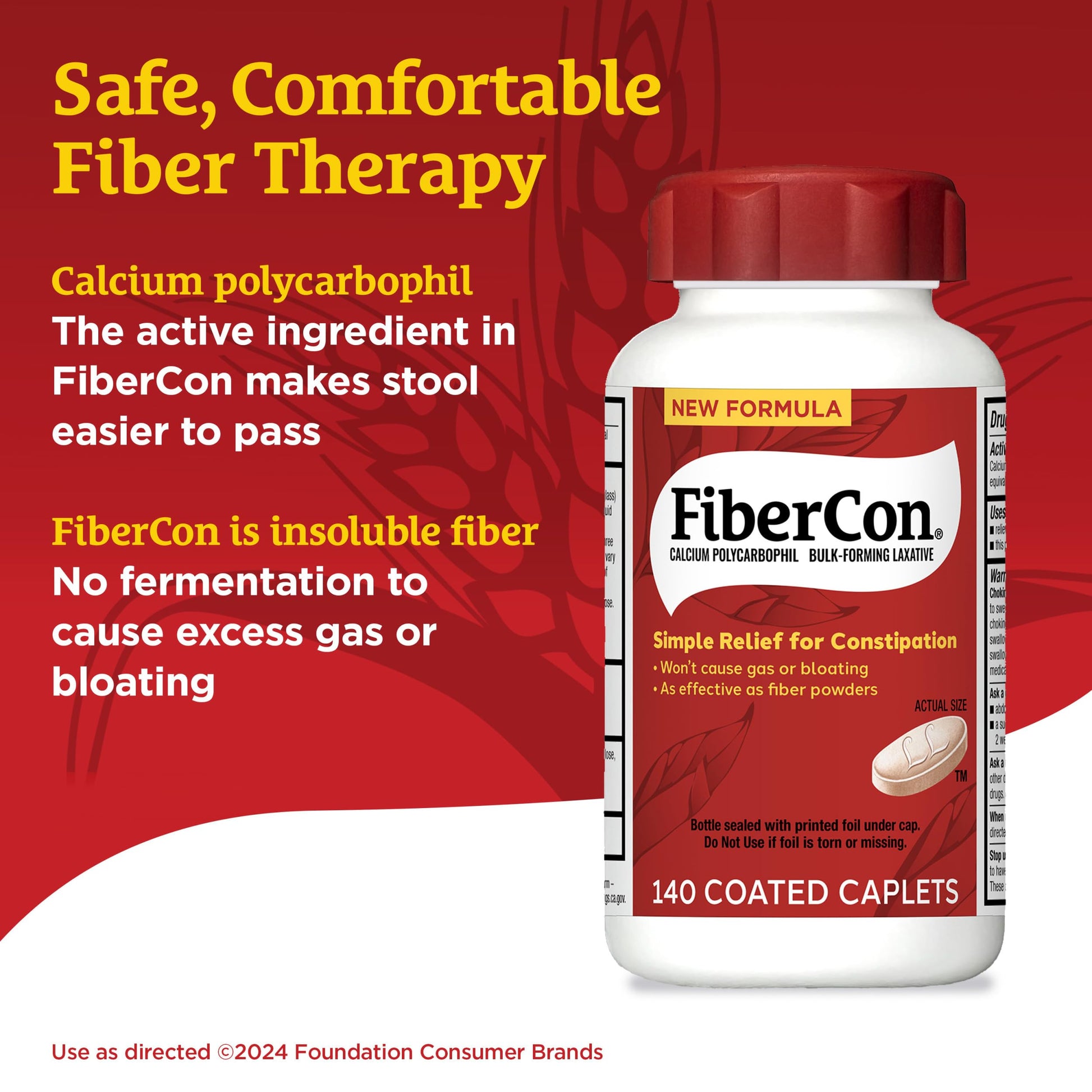 FiberCon 140 insoluble fiber caplets label showing directions and ingredients list.