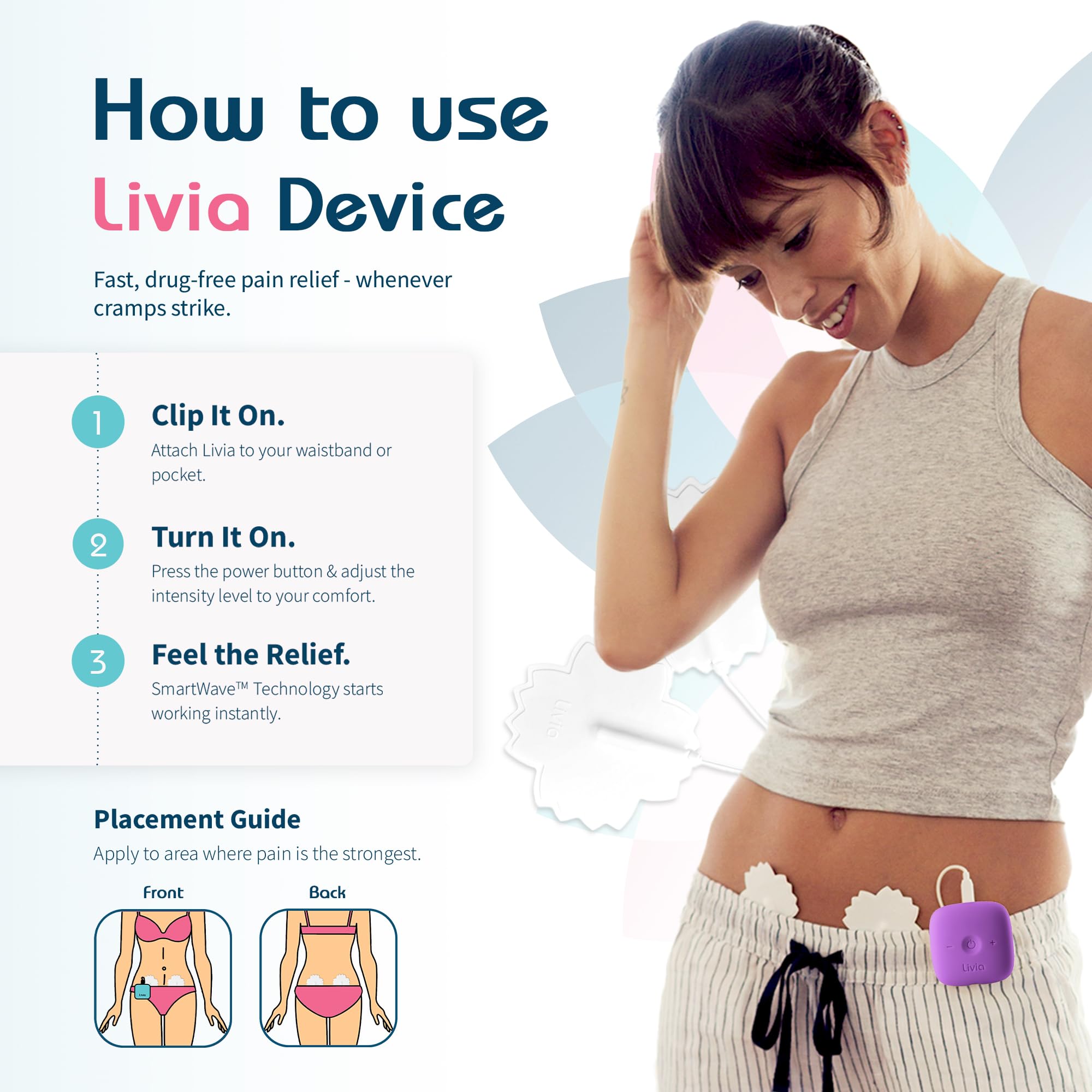 Close up of the micro pulse intensity adjustment buttons on the purple Livia kit