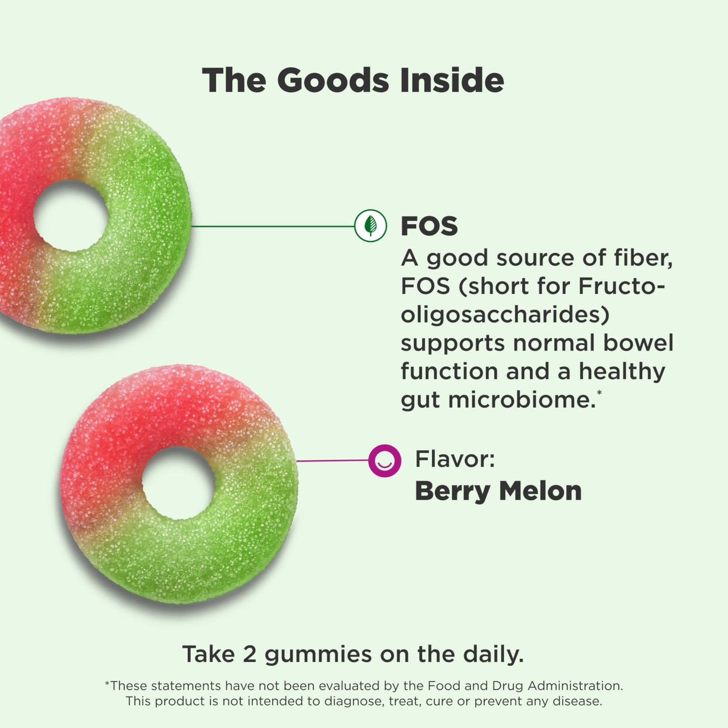 Close up view of strawberry watermelon flavored prebiotic fiber supplement rings from USA