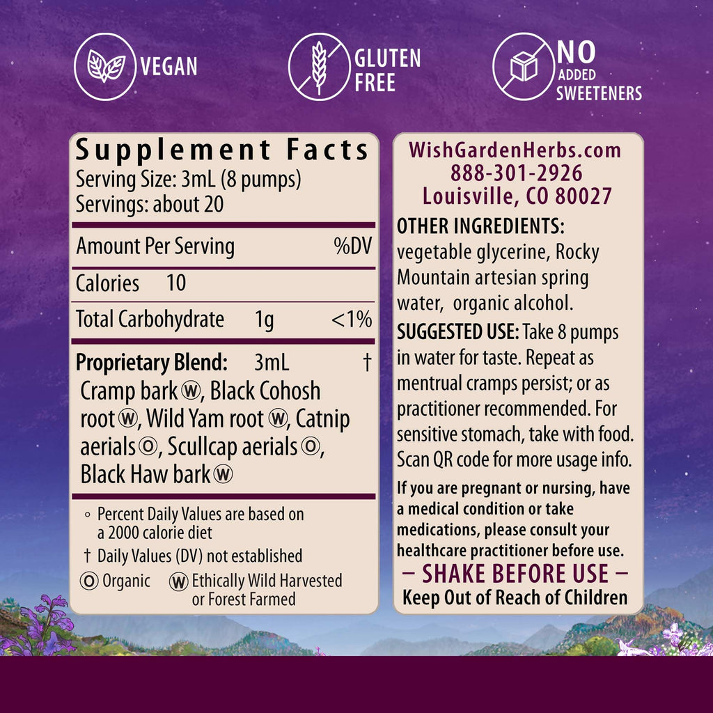 WishGarden Herbs Cramp Release liquid tincture pump bottle showing organic ingredients for period pain support