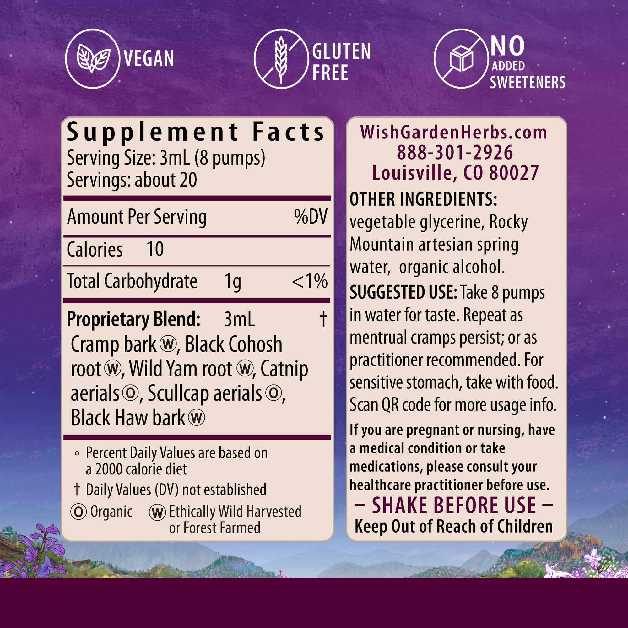 WishGarden Herbs Cramp Release liquid tincture pump bottle showing organic ingredients for period pain support
