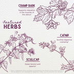 Close up of WishGarden Herbs Cramp Release packaging indicating fast acting uterine relaxant benefits