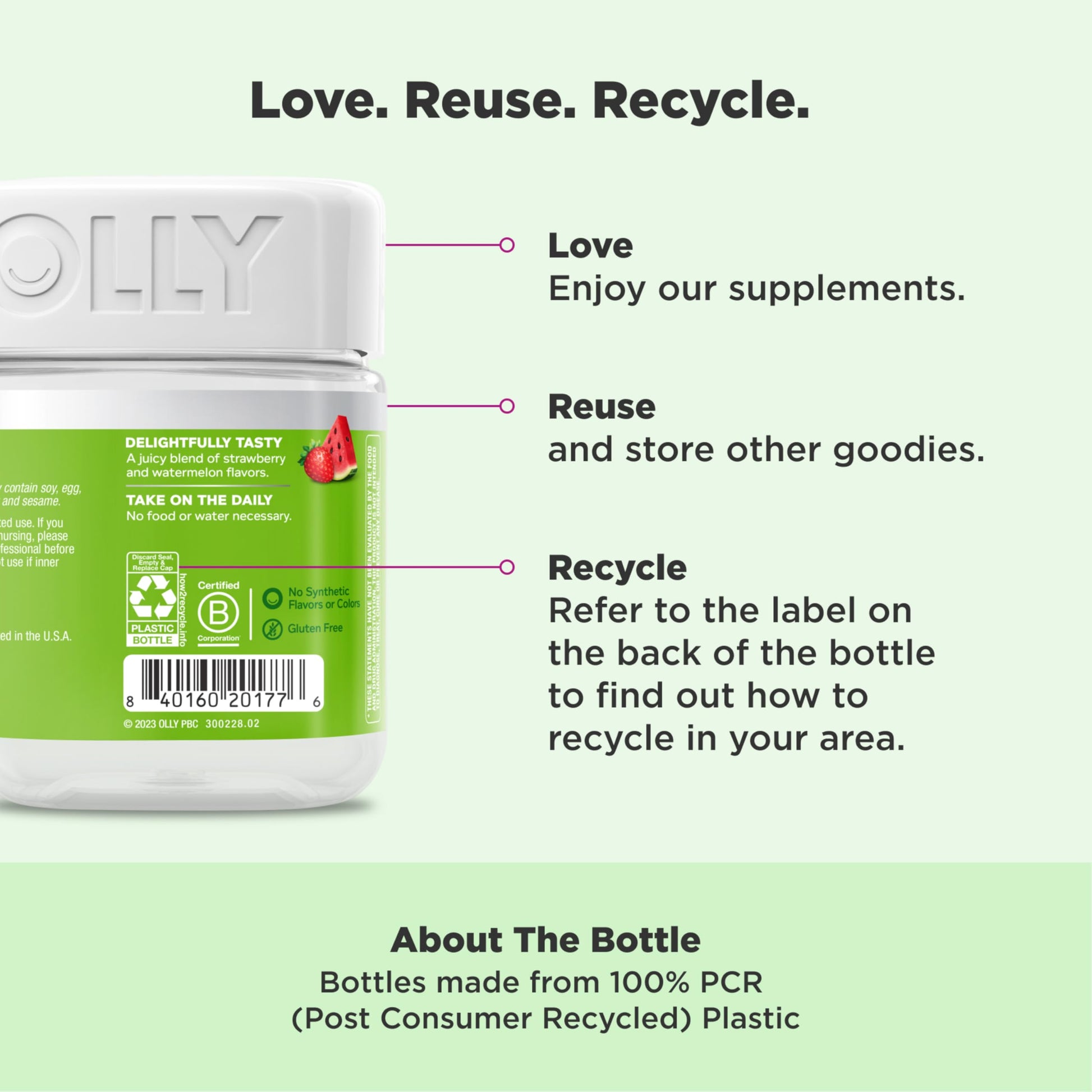 Authentic imported OLLY gut health vitamins container displaying serving size and dietary information