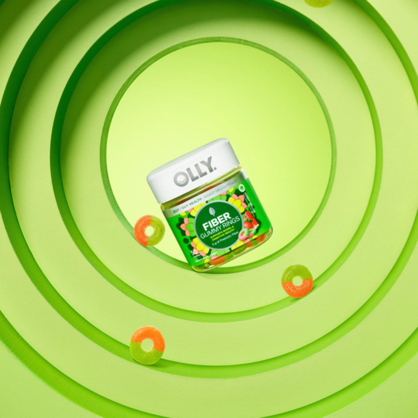 Top angle shot of chewable gluten free prebiotic gummy rings for regular bowel movements