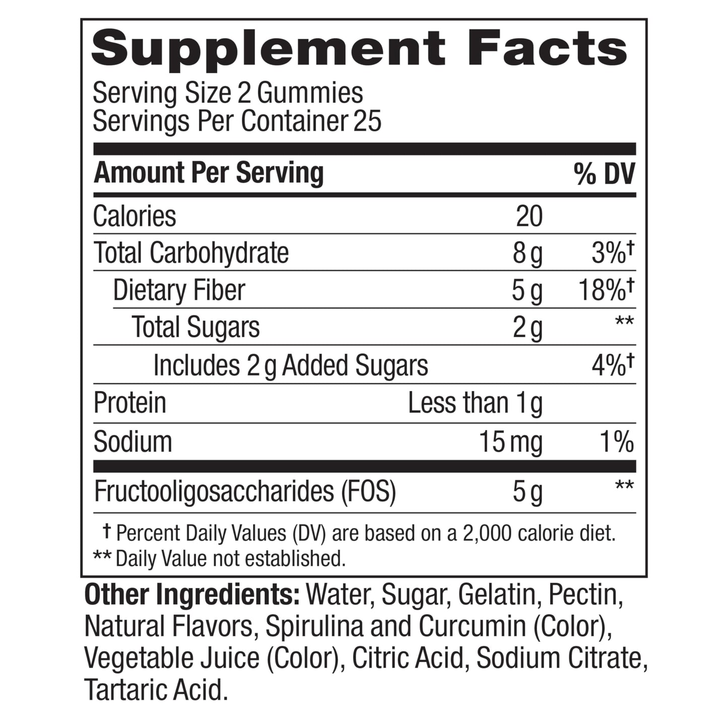Nutritional facts panel of vegetarian friendly fiber supplement with no synthetic colors