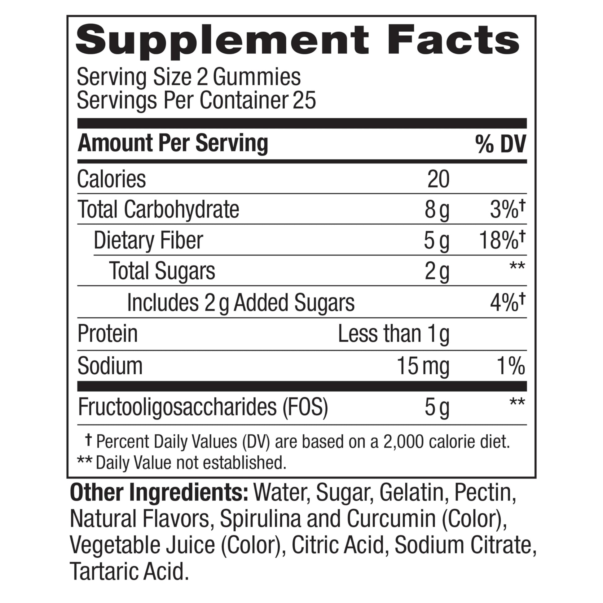 Nutritional facts panel of vegetarian friendly fiber supplement with no synthetic colors