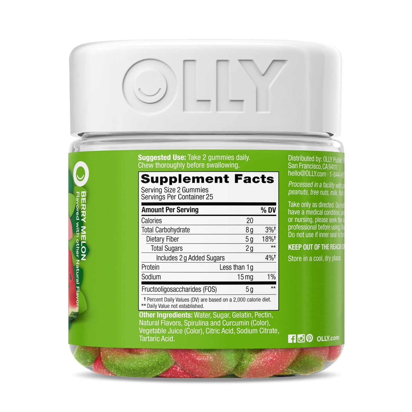Side view of OLLY 25 day supply fiber gummy container showcasing product authenticity markings