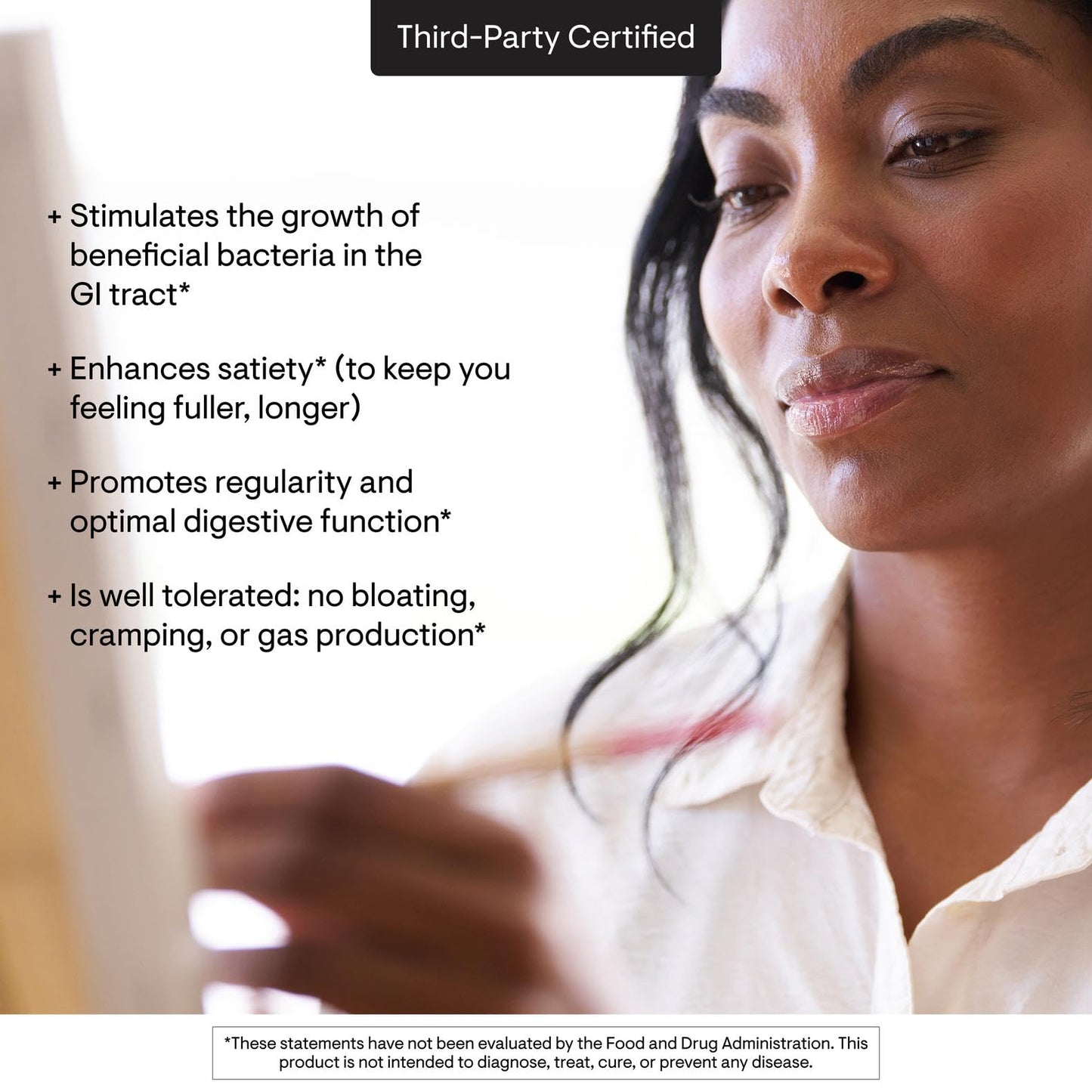 Close up of unflavored prebiotic fiber powder scoop for regular bowel movements