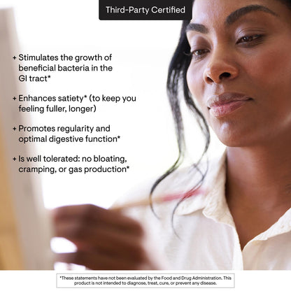 Close up of unflavored prebiotic fiber powder scoop for regular bowel movements