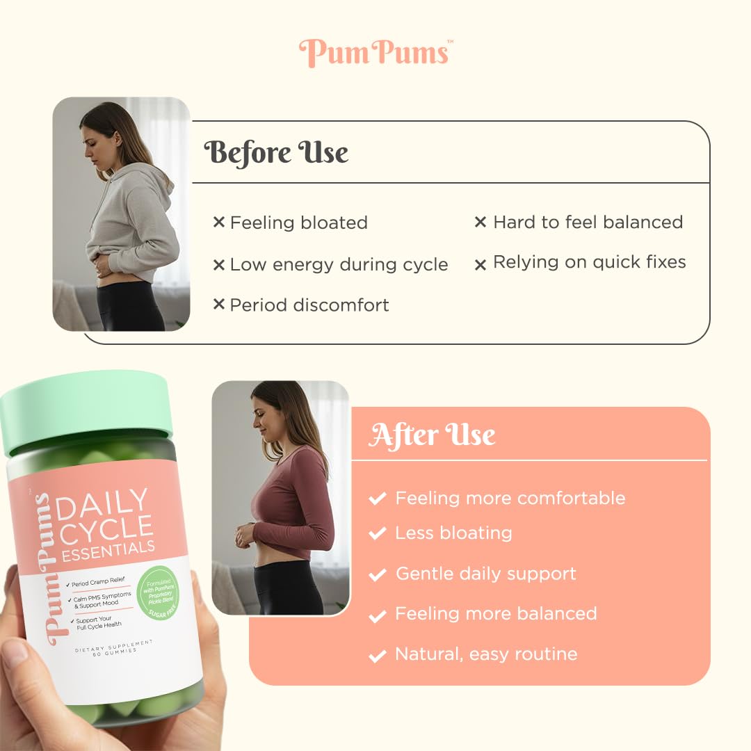 PumPums Daily Cycle Essentials packaging showing benefits