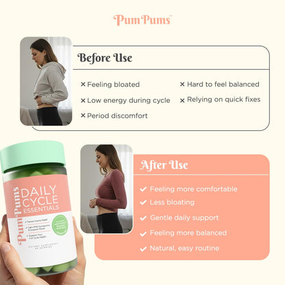 PumPums Daily Cycle Essentials packaging showing benefits