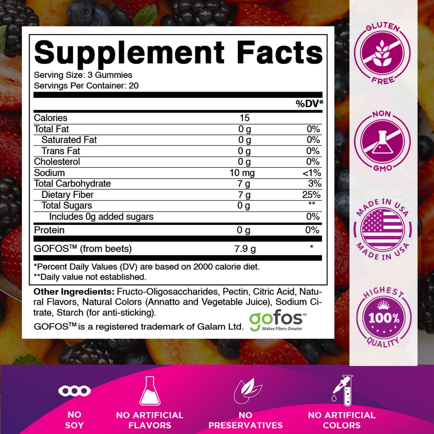 Vitamatic zero sugar added adult fiber supplement bottles side label details