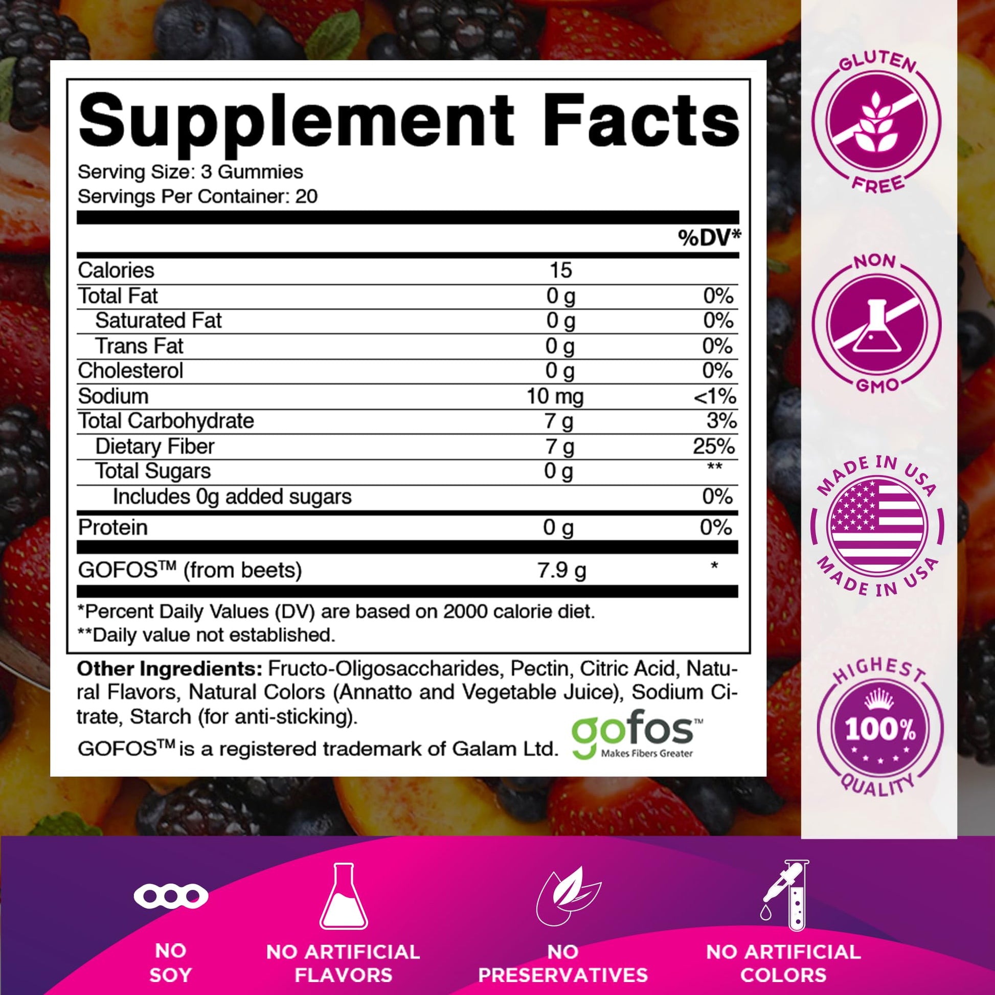 Vitamatic zero sugar added adult fiber supplement bottles side label details