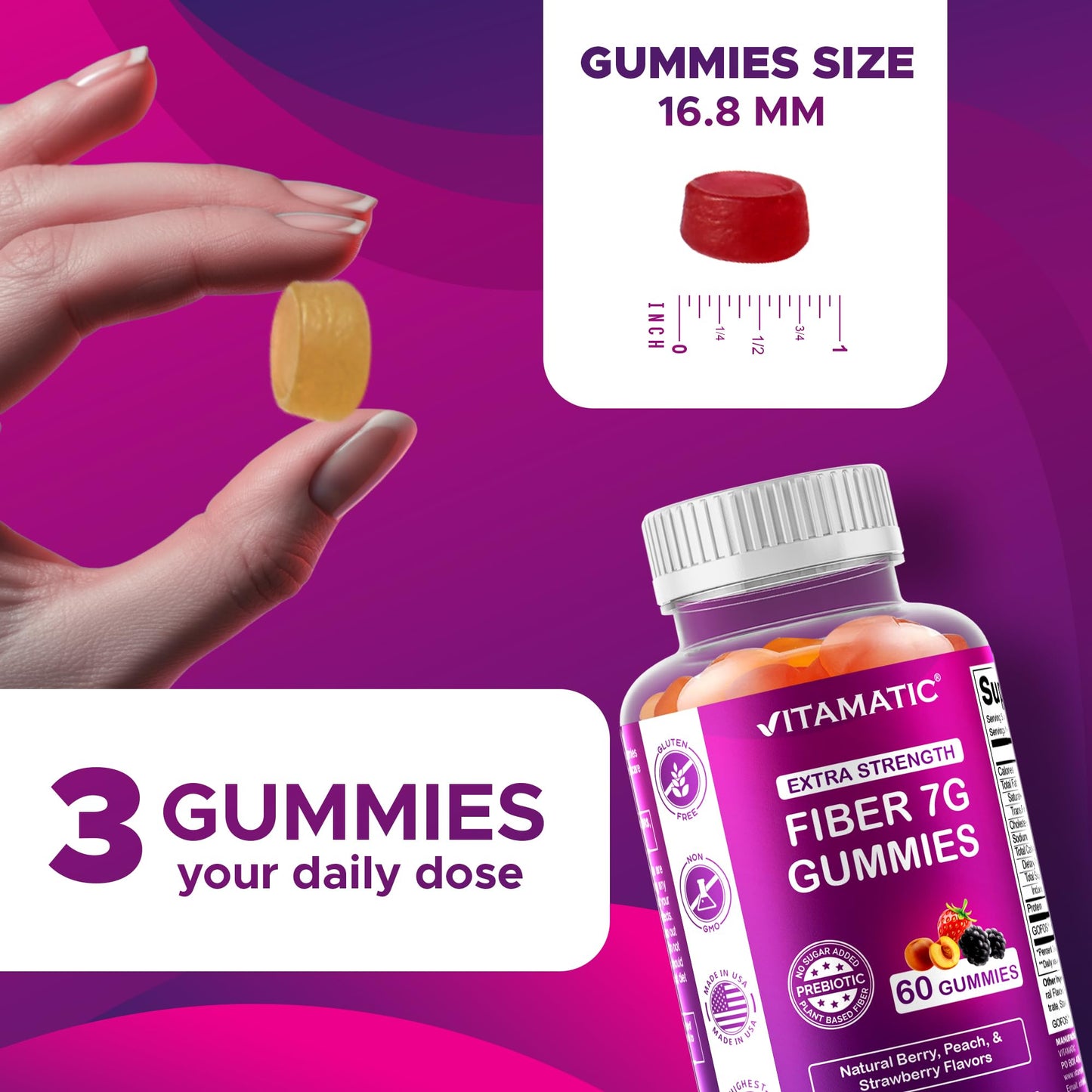 Authentic USA imported Vitamatic extra strength fiber gummies packaging