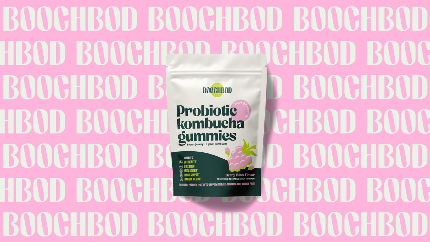 Lifestyle shot of the BoochBod gut wellness supplement bottle for daily digestive defense.