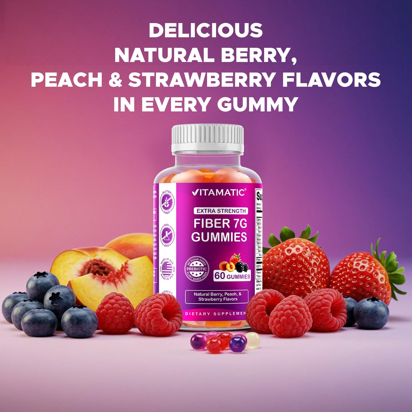 Two bottles of Vitamatic adult digestive health fiber gummies standing upright