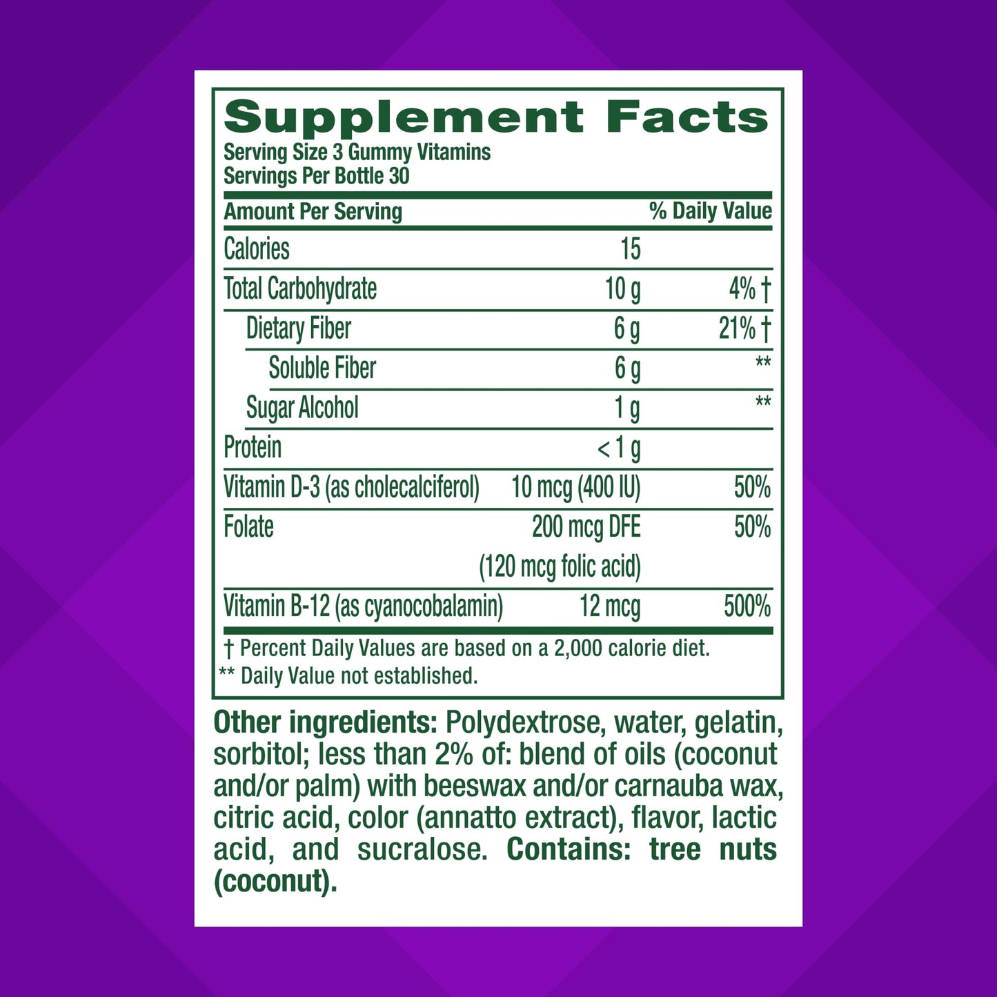 Vitafusion fiber plus vitamin D B12 and folate 90 count gummies nutrition label
