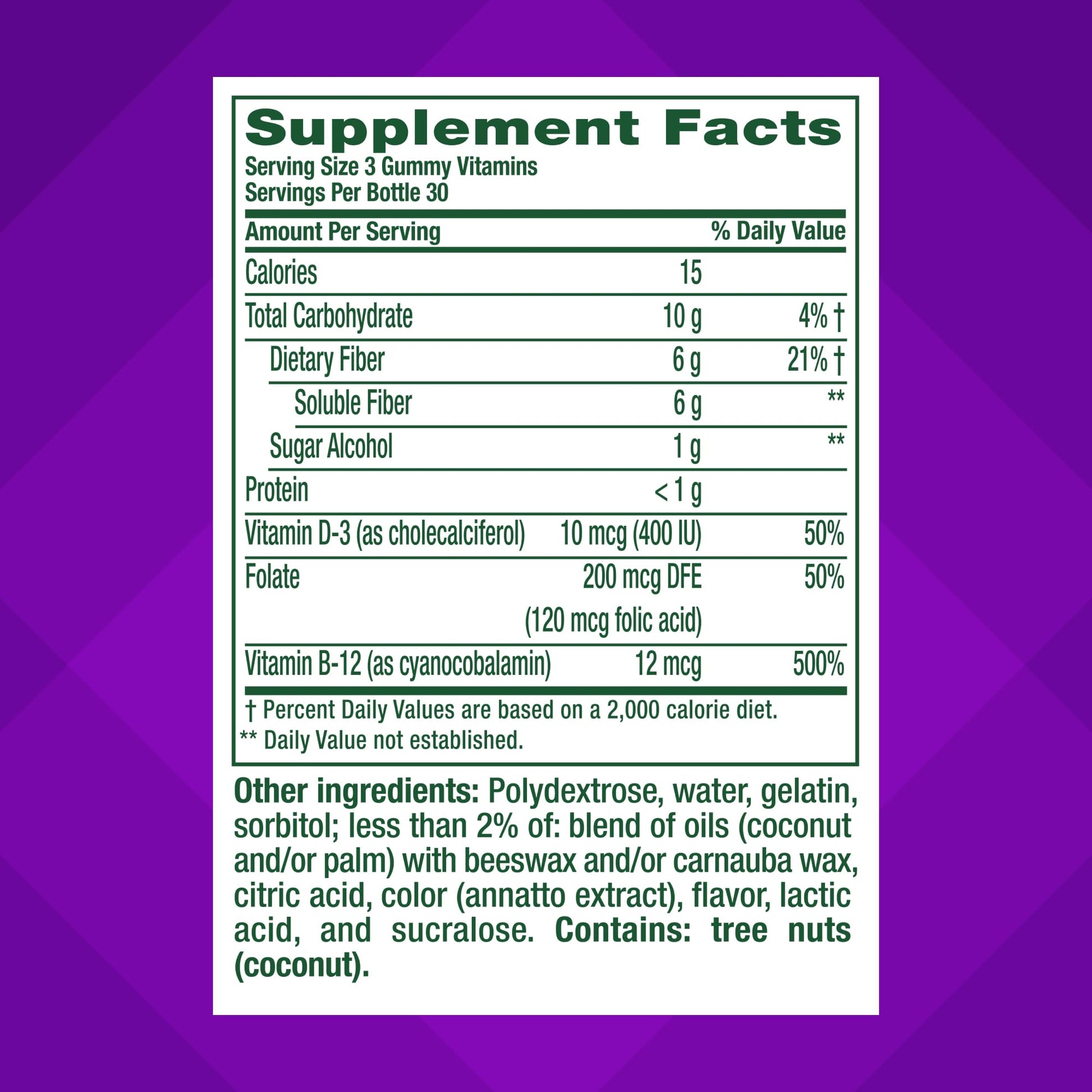 Vitafusion fiber plus vitamin D B12 and folate 90 count gummies nutrition label