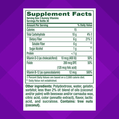 Vitafusion fiber plus vitamin D B12 and folate 90 count gummies nutrition label