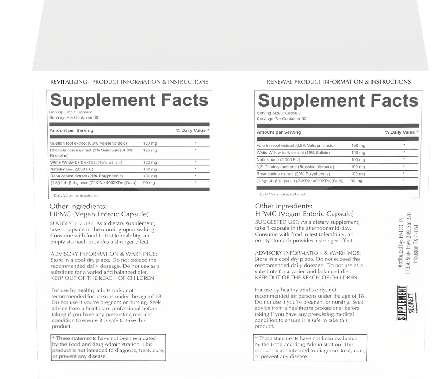 Endolls Endo Warrior label ingredient details