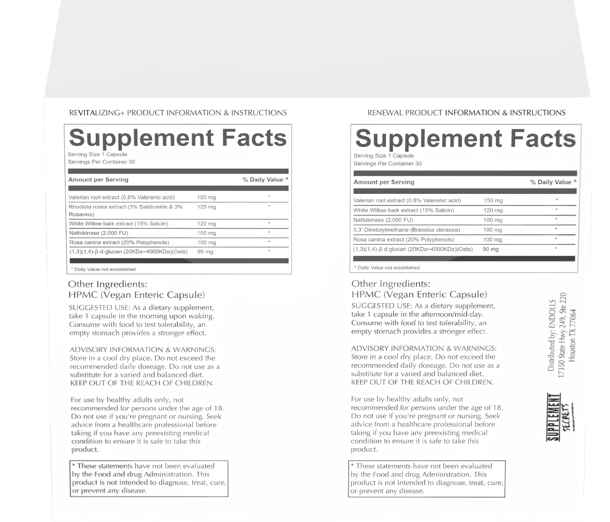 Endolls Endo Warrior label ingredient details