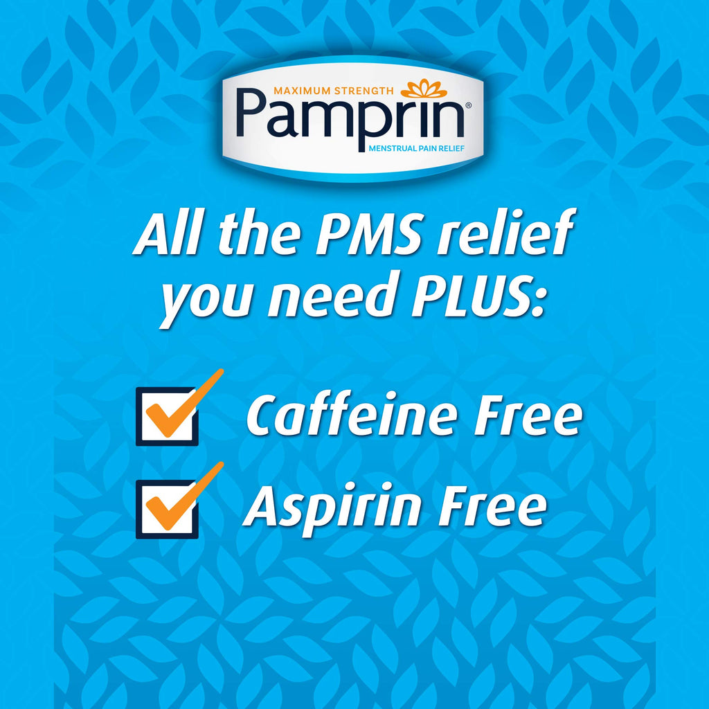 Compact individual packaging of Pamprin menstrual relief caplets suitable for travel and personal care storage.