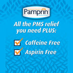 Compact individual packaging of Pamprin menstrual relief caplets suitable for travel and personal care storage.
