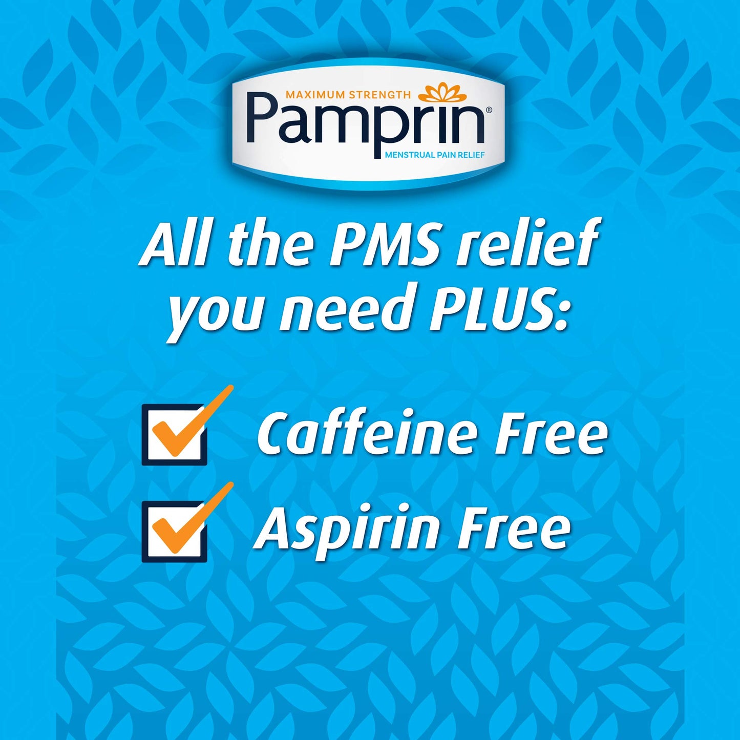 Compact individual packaging of Pamprin menstrual relief caplets suitable for travel and personal care storage.