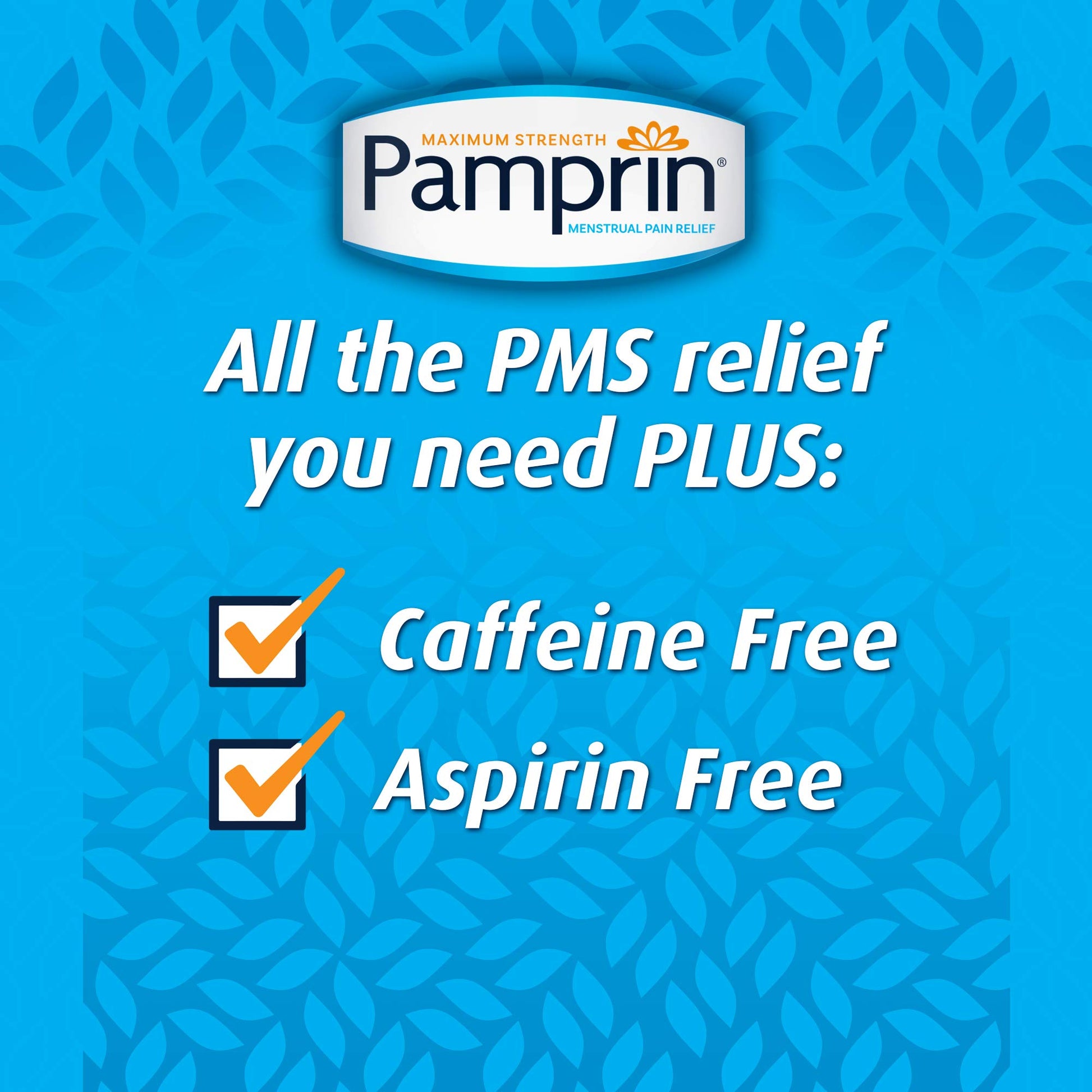 Compact individual packaging of Pamprin menstrual relief caplets suitable for travel and personal care storage.