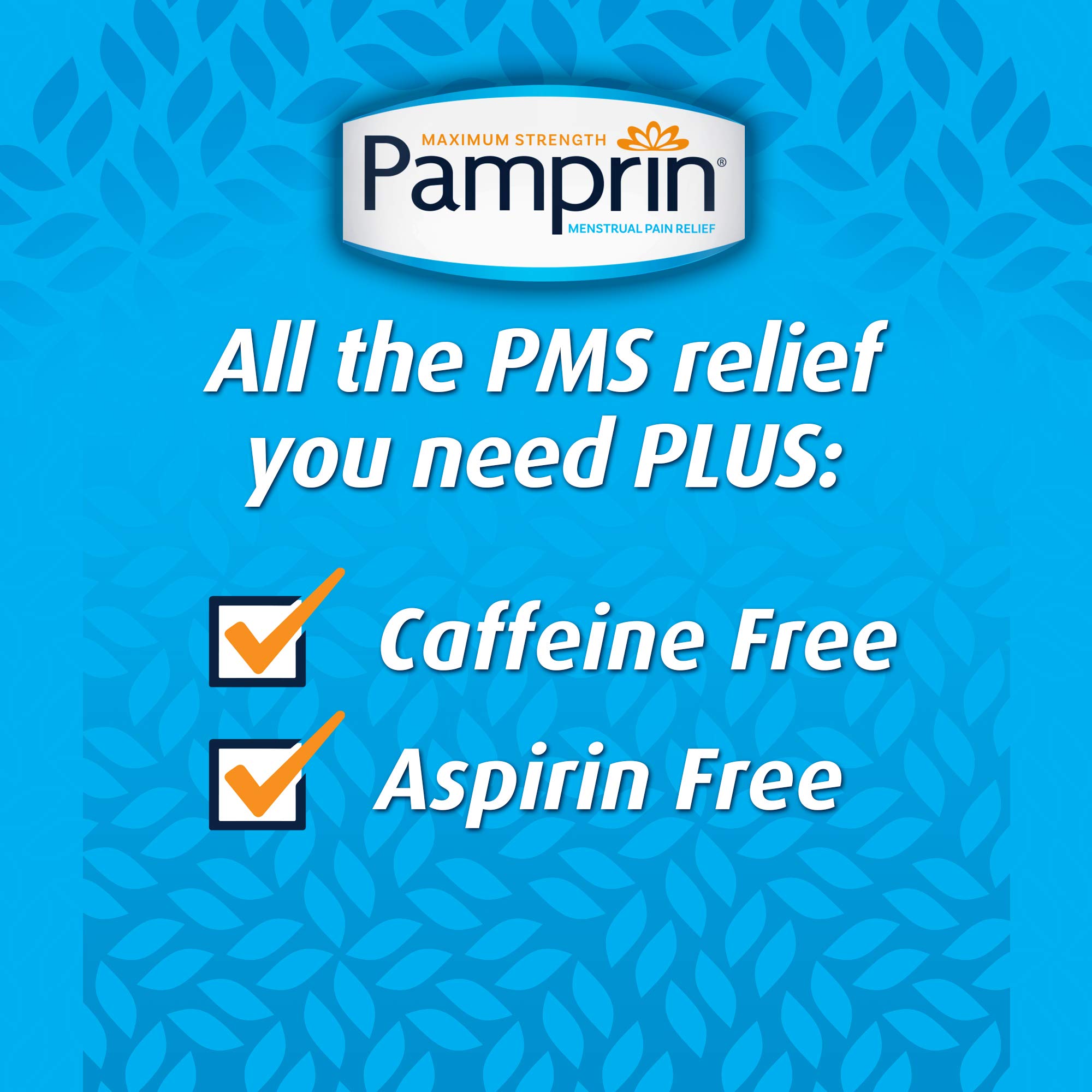 Compact individual packaging of Pamprin menstrual relief caplets suitable for travel and personal care storage.