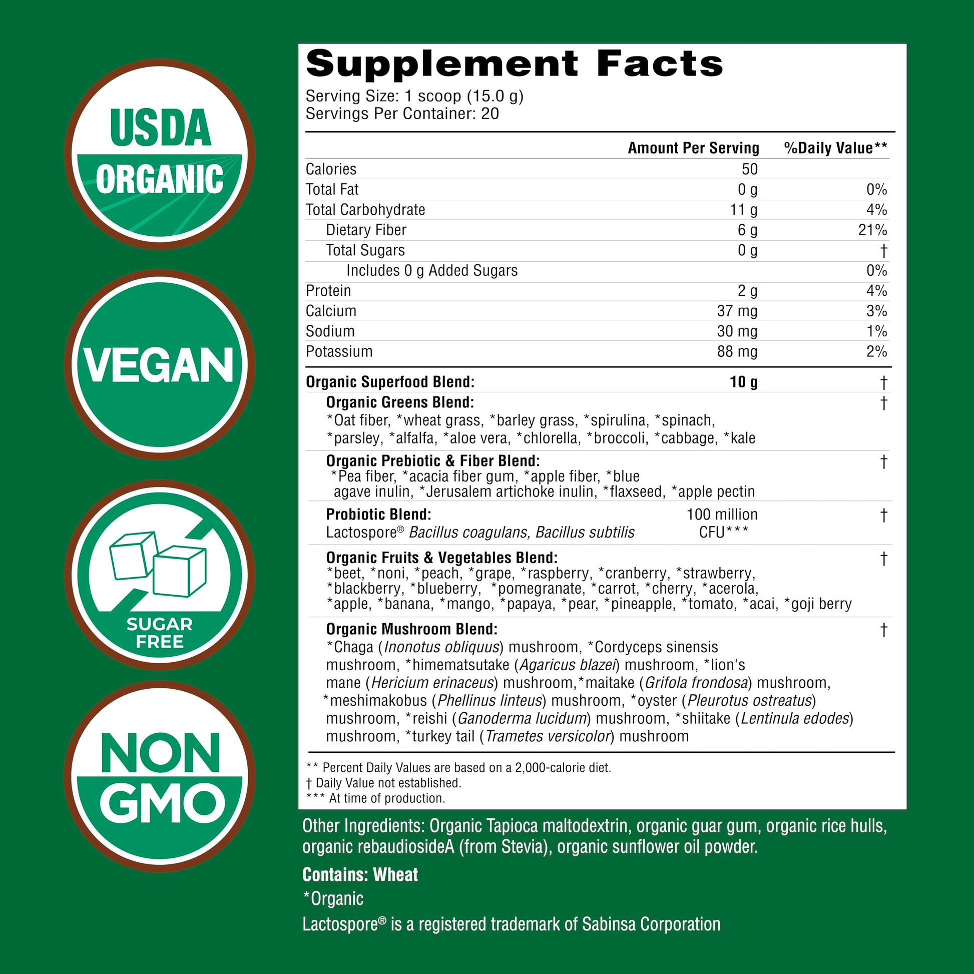 USDA Organic superfoods powder packaging showing fifty whole food ingredients.