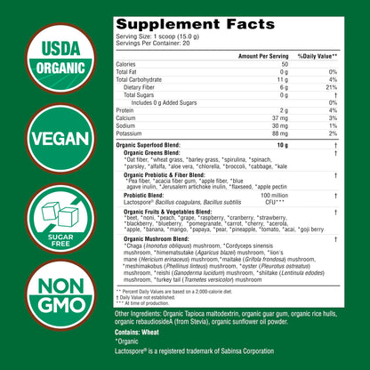 USDA Organic superfoods powder packaging showing fifty whole food ingredients.