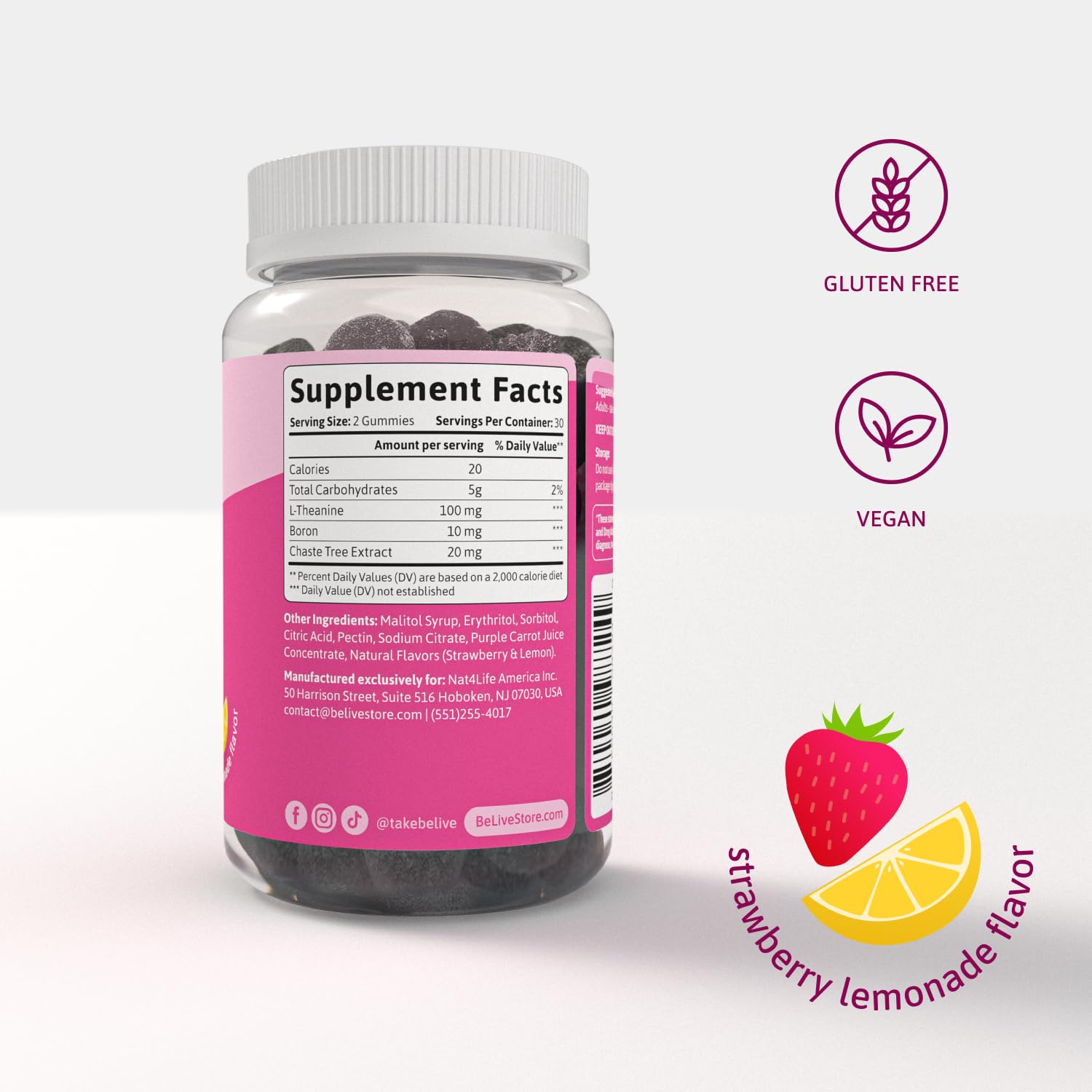 BeLive PMS Support Gummies strawberry lemonade flavor label