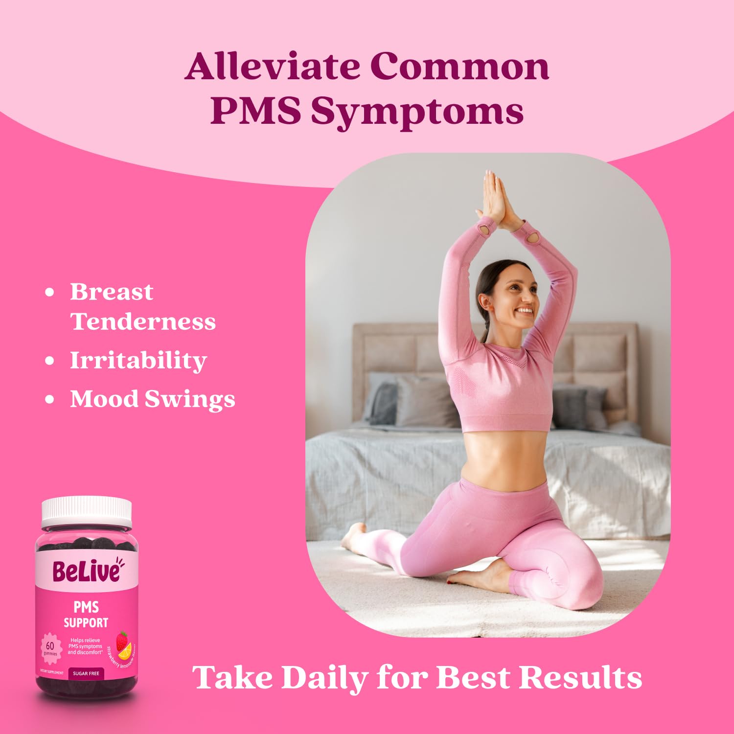 BeLive PMS Support Gummies 60 count bottle supplement facts