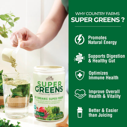 Supplement facts label on the back of Country Farms greens powder.
