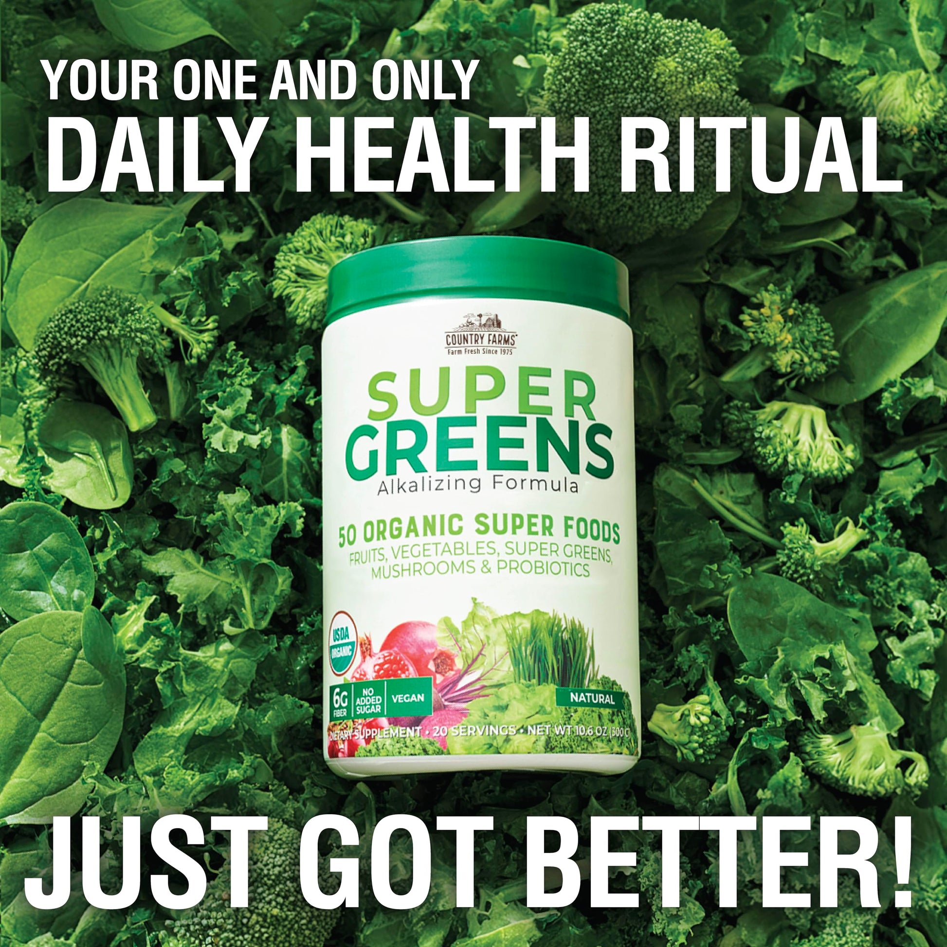 Country Farms Super Greens powder being scooped for a healthy smoothie.