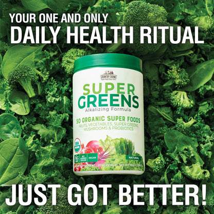 Country Farms Super Greens powder being scooped for a healthy smoothie.
